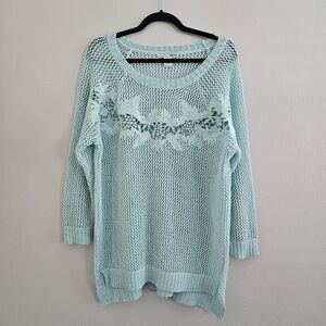 WD.NY Blue Crew Neck Sweater Lace Detail Flowers Crochet Embroidered Pullover 1X